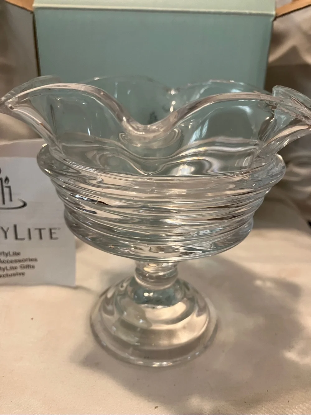 New.  Partylite. All glass “ Sundae “ style 5” -4” candle holder